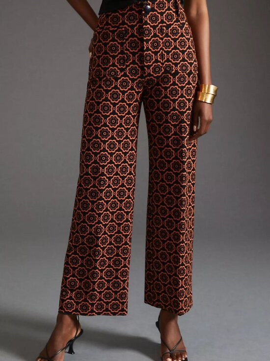 Maeve Pants - Anthro Maeve Orange Black The Colette Wide-Leg Ponte Floral Print Pants Size 32